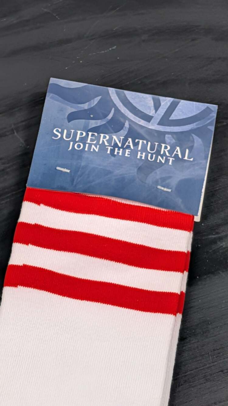 Supernatural Striped Crew Socks (White with Red Stripes)Large